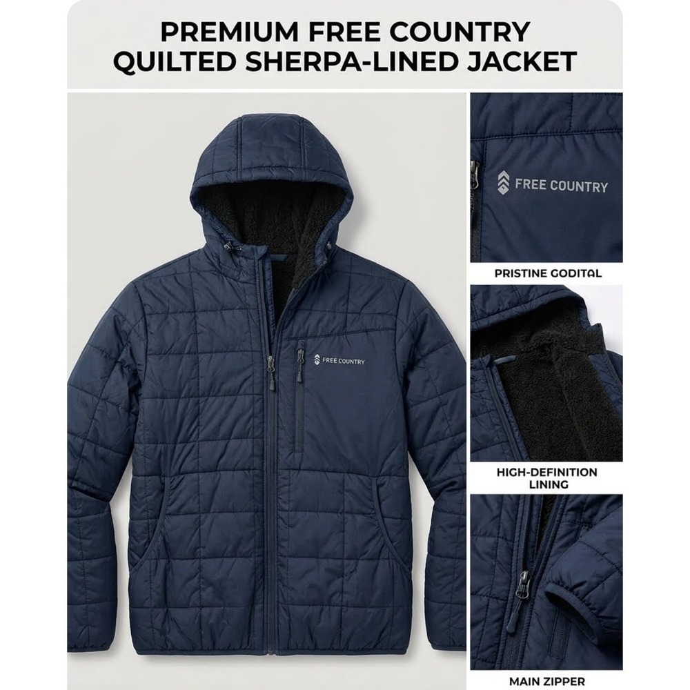 Free Country Mens Quilted Sherpa Lined Puffer Jacket Navy Blue Hooded Coat